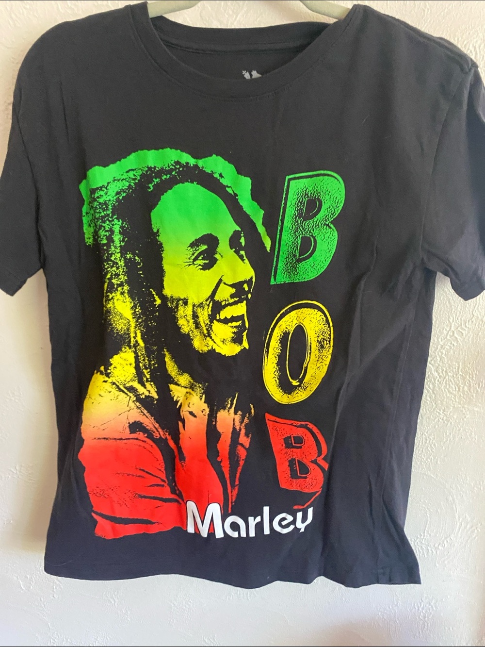 Zion Rootswear Black Tee with Red, Yellow & Green Bob Marley Graphic